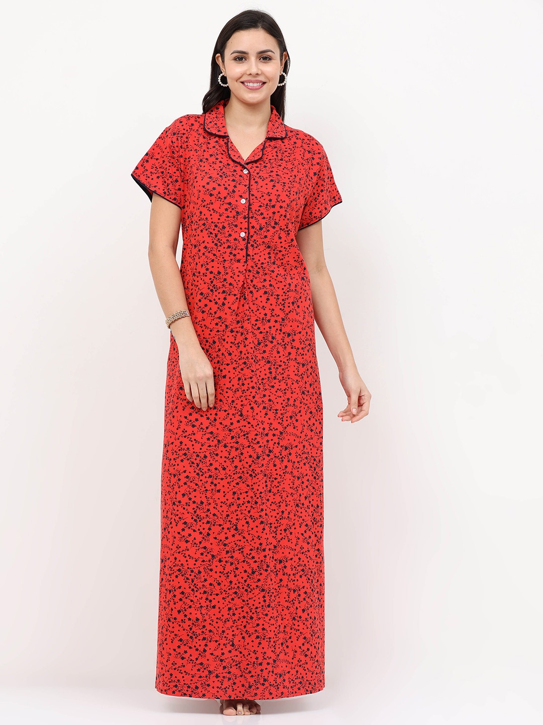 

9shines Label Orange Printed Pure Cotton Maxi Nightdress