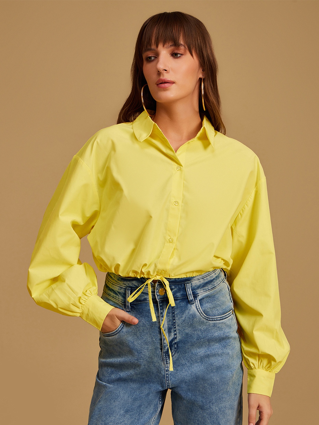 

Kazo Women Yellow Solid Casual Draw String Crop Shirt