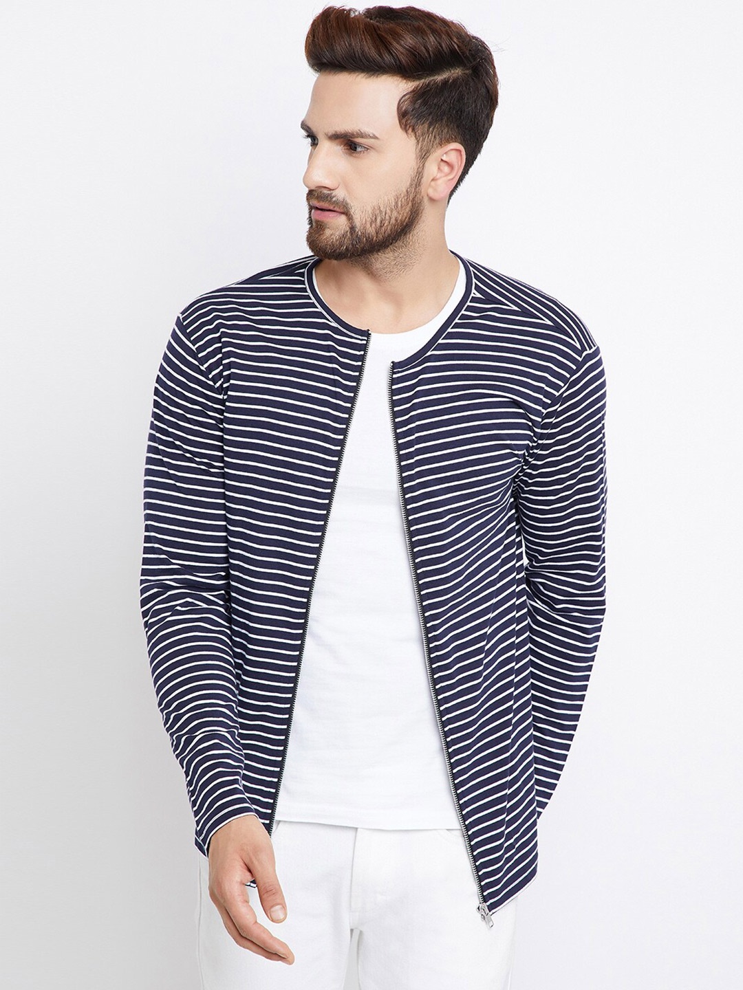 

CHILL WINSTON Men Navy Blue Striped Henley Neck T-shirt