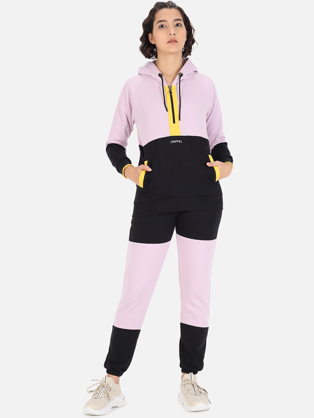 

GRIFFEL Women Purple & Black Colorblocked Cotton Hooded Tracksuit