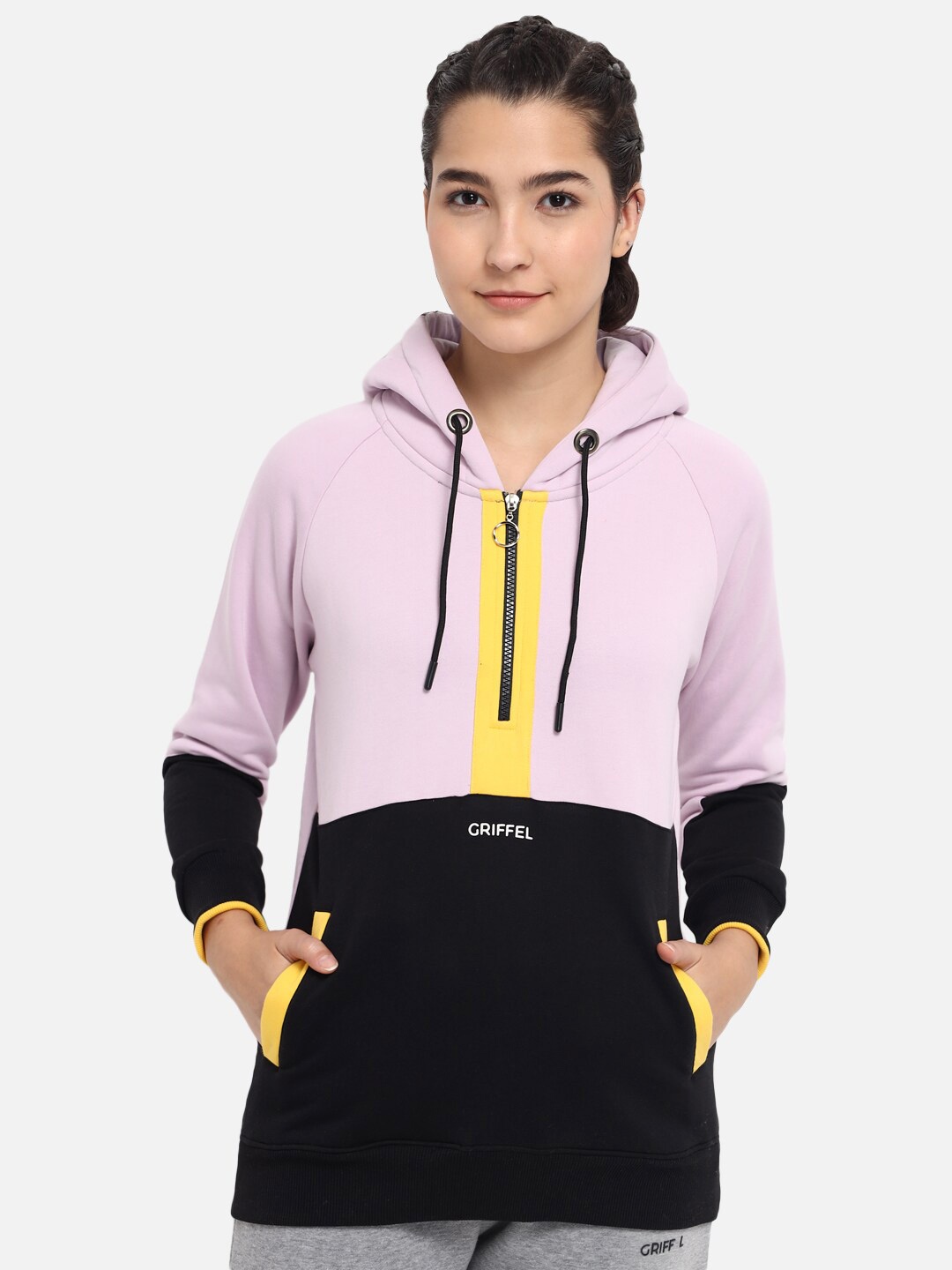 

GRIFFEL Women Purple Colorblocked Hooded Fleece Sweatshirt