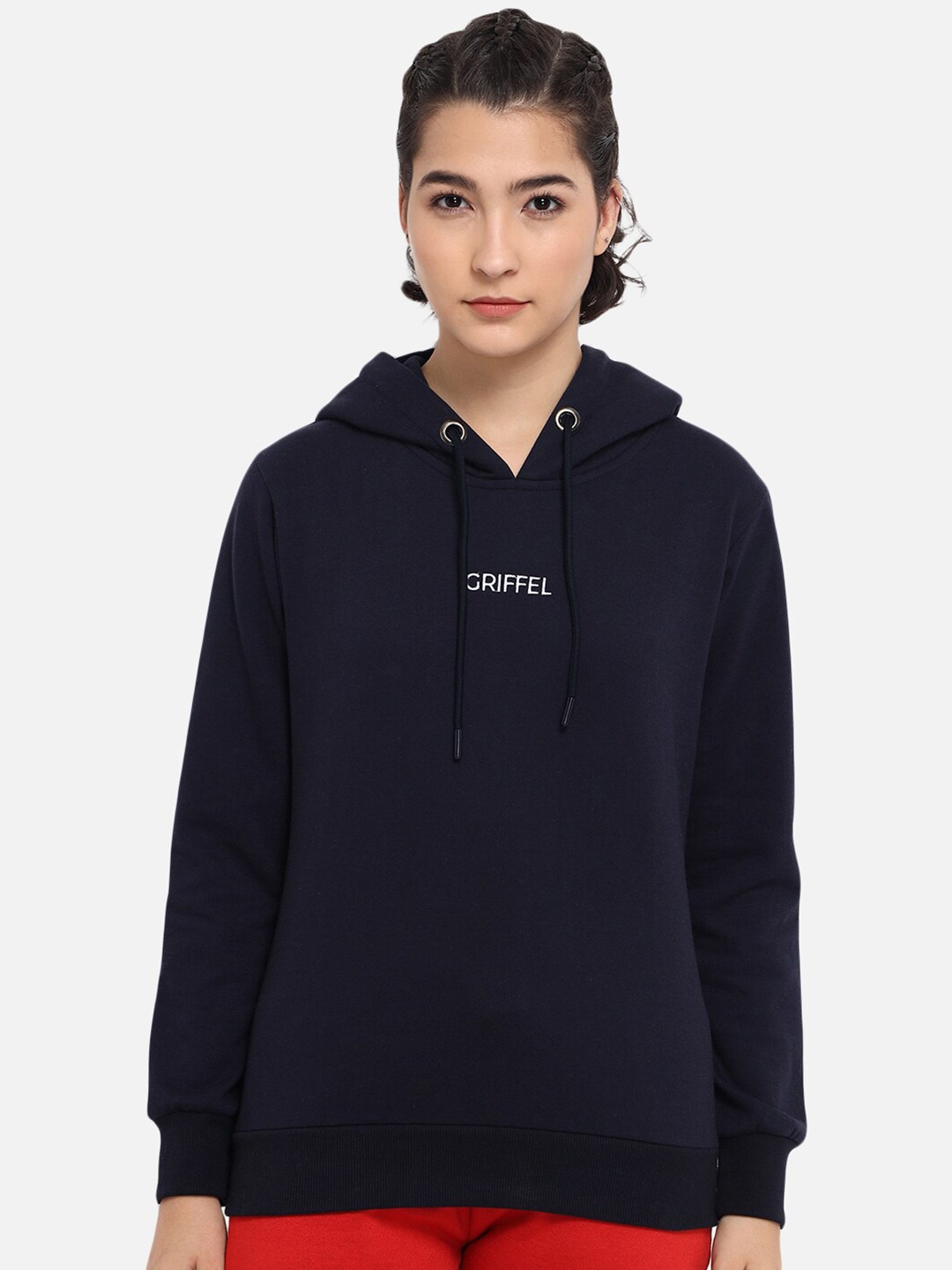

GRIFFEL Women Navy Blue Long Sleeves Hooded Fleece Pullover Sweatshirt