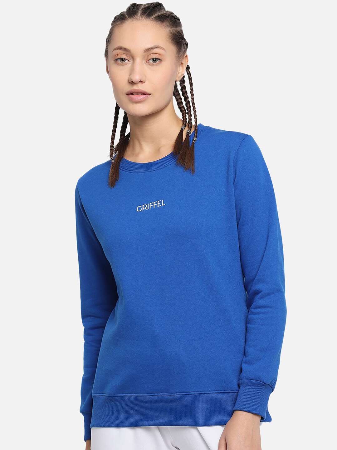 

GRIFFEL Women Royal Blue Long Sleeves Round Neck Fleece Pullover Sweatshirt