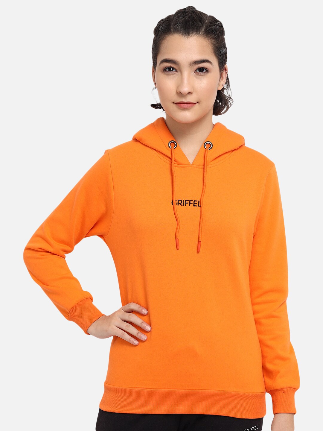 

GRIFFEL Women Orange Long Sleeves Hooded Fleece Pullover Sweatshirt