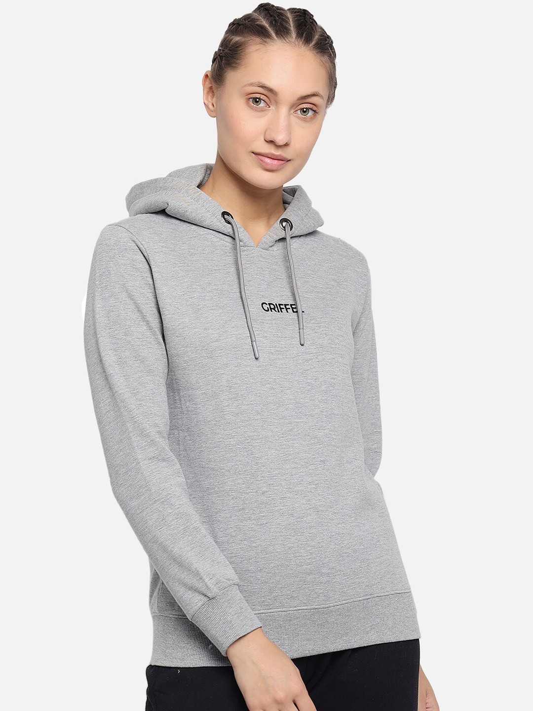 

GRIFFEL Women Grey Long Sleeves Hooded Fleece Pullover Sweatshirt