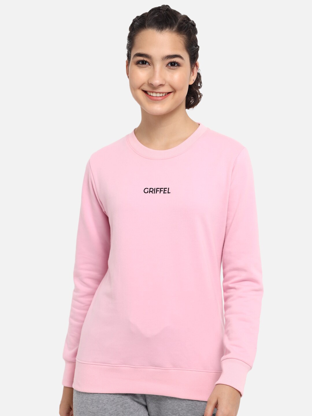 

GRIFFEL Women Pink Long Sleeves Round Neck Fleece Pullover Sweatshirt