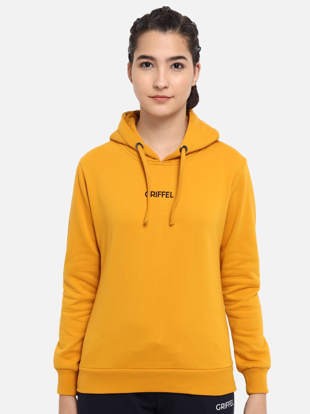 

GRIFFEL Women Mustard Fleece Hooded Sweatshirt