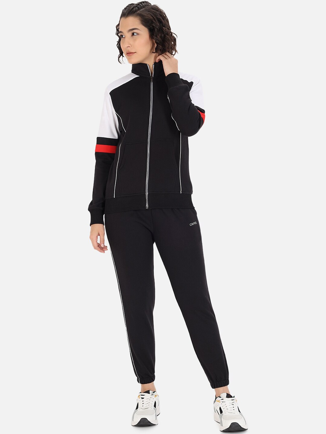 

GRIFFEL Women Black & White Colorblocked Cotton Sports Tracksuit