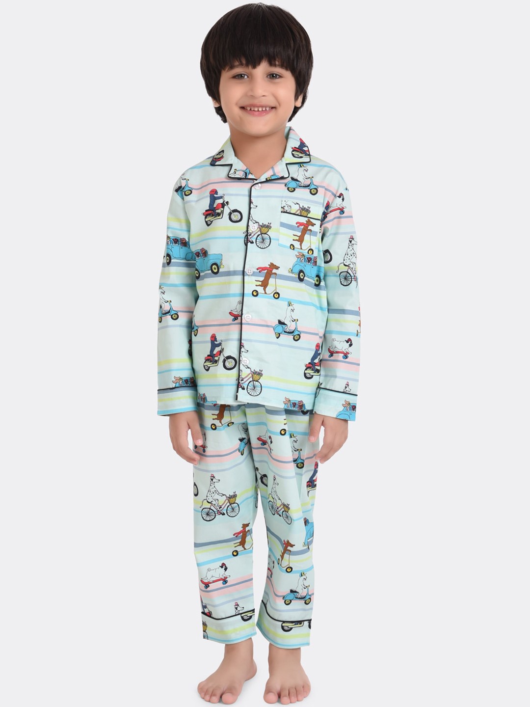 

KOOCHI POOCHI Unisex Kids Blue & Black Printed Pure Cotton Full Sleeves Night suit