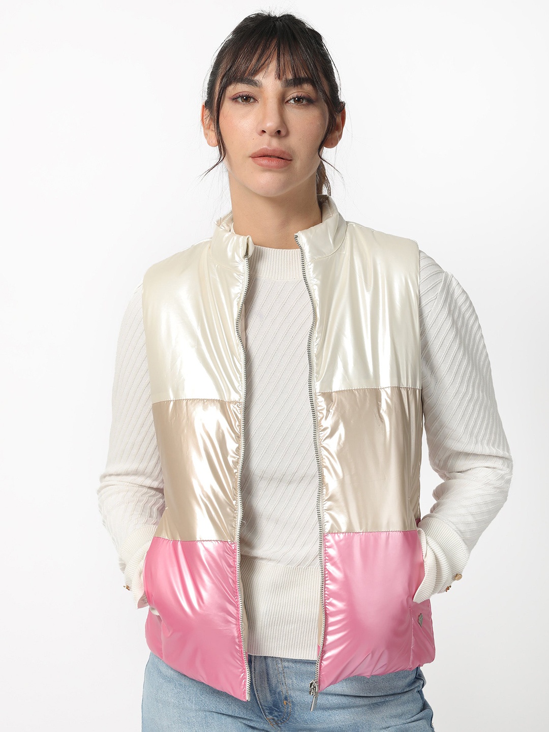

RAREISM Women White Pink Colourblocked Padded Jacket