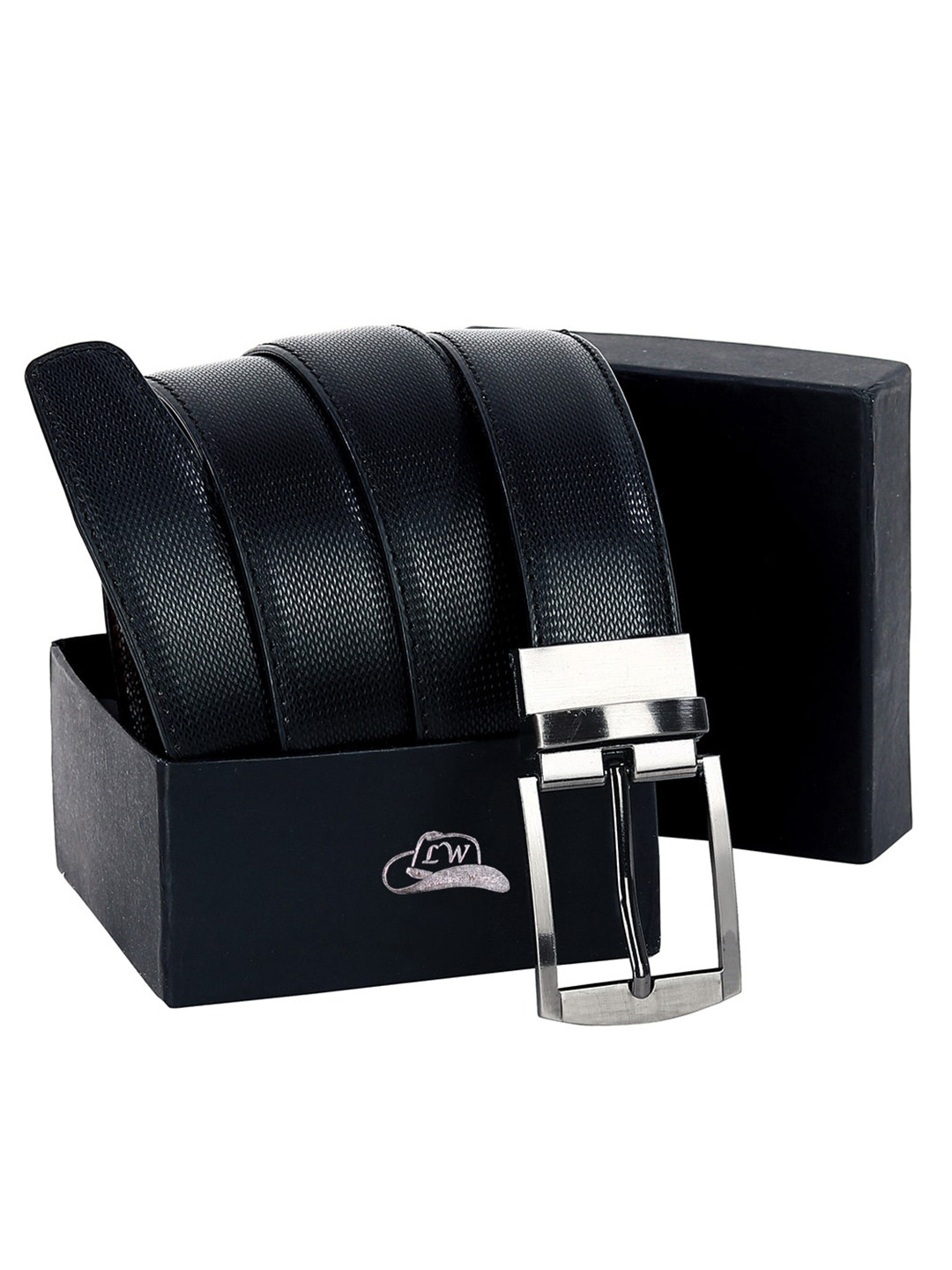 

Leather World Men Black Textured Reversible Leather Formal Belt