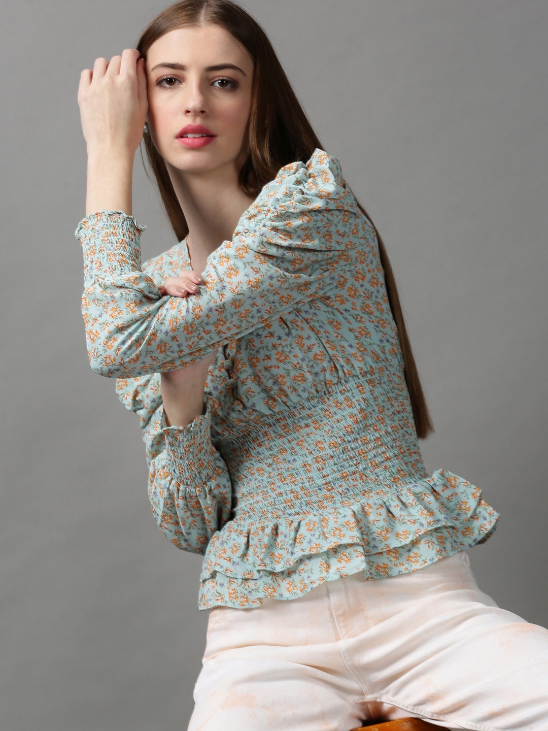 

SHOWOFF Women Sea Green & Orange Floral Printed V-Neck Georgette Peplum Top