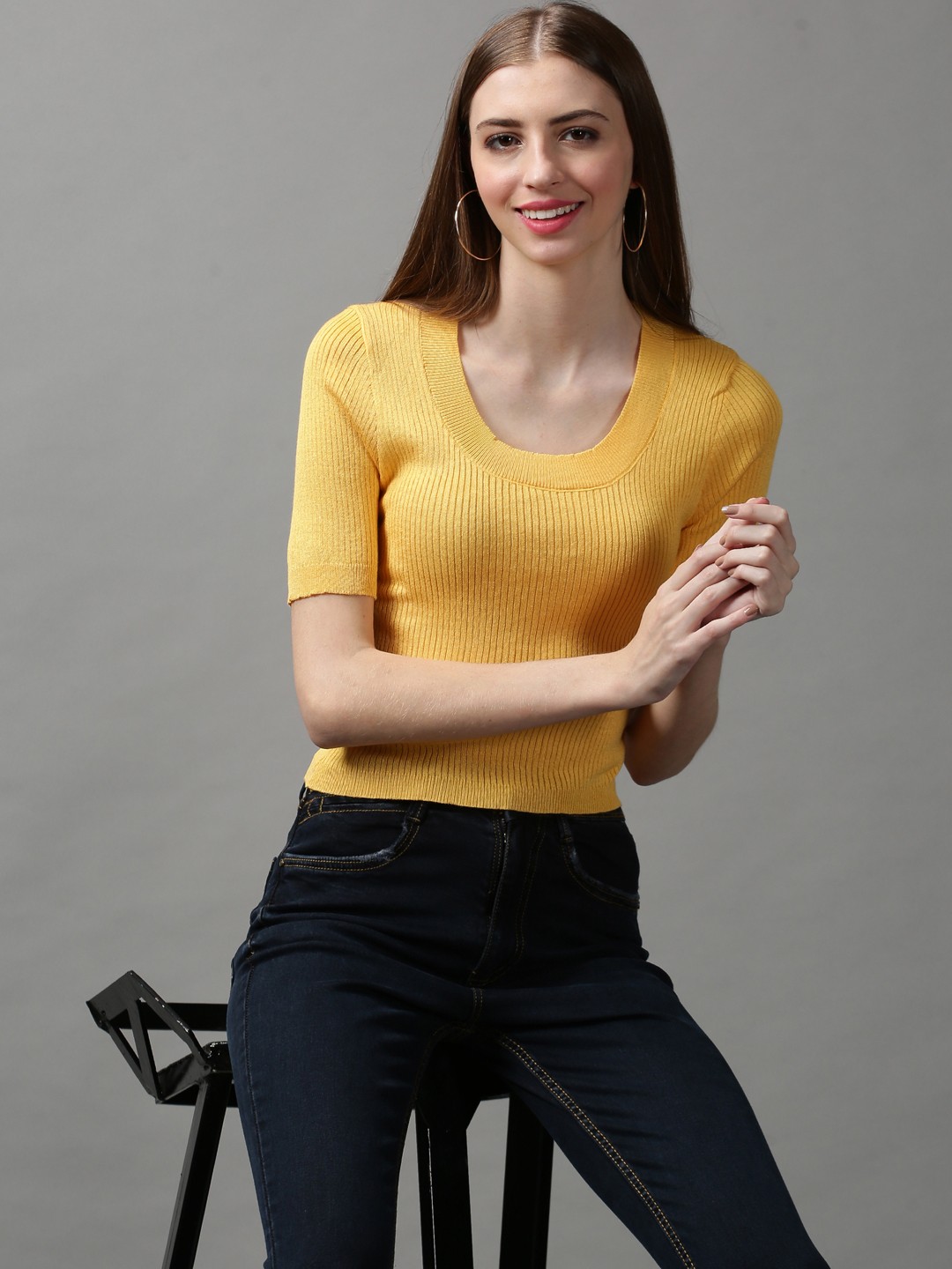 

SHOWOFF Yellow Round Neck Crop Top