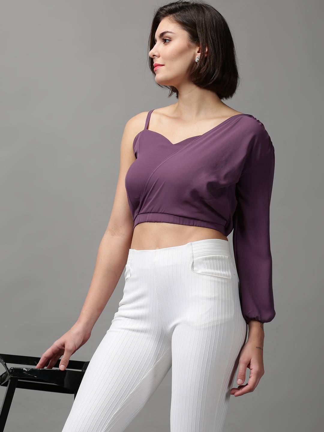 

SHOWOFF Purple One Shoulder Crepe Wrap Crop Top