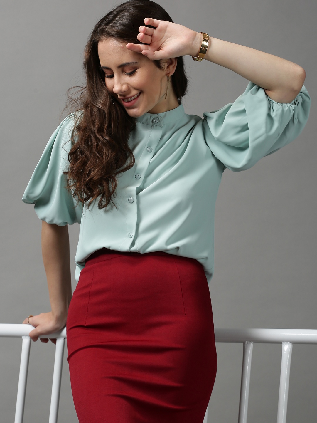 

SHOWOFF Women Sea Green Mandarin Collar Crepe Shirt Style Top