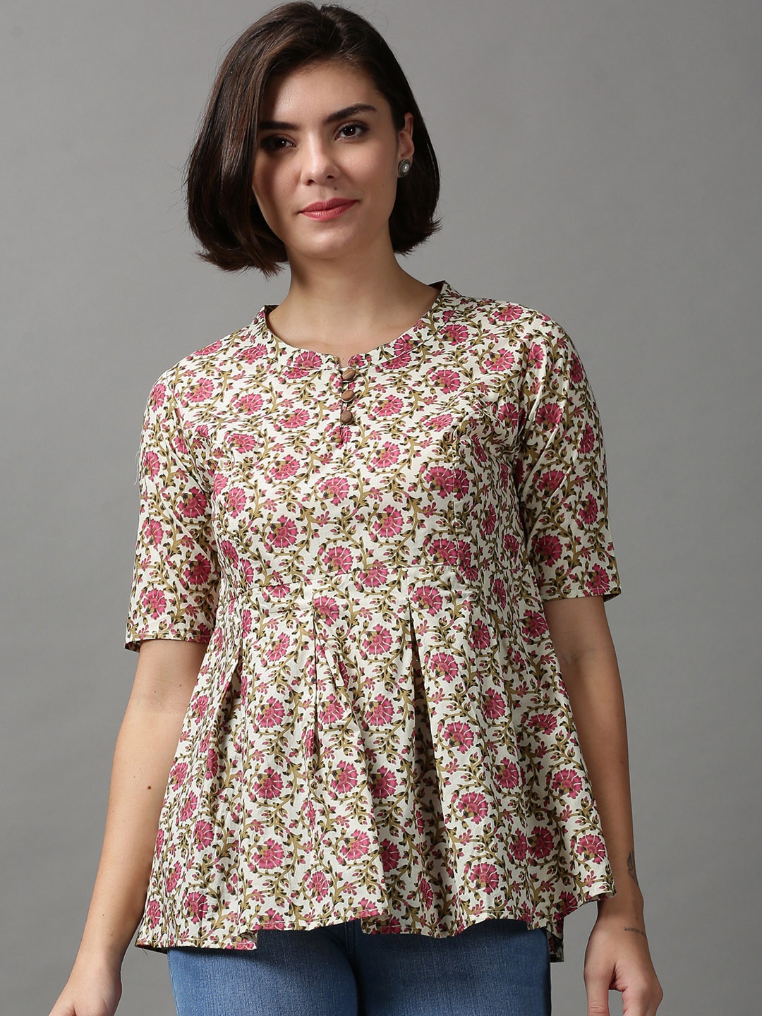 

SHOWOFF Women Off White & Pink Floral Print Mandarin Collar Top