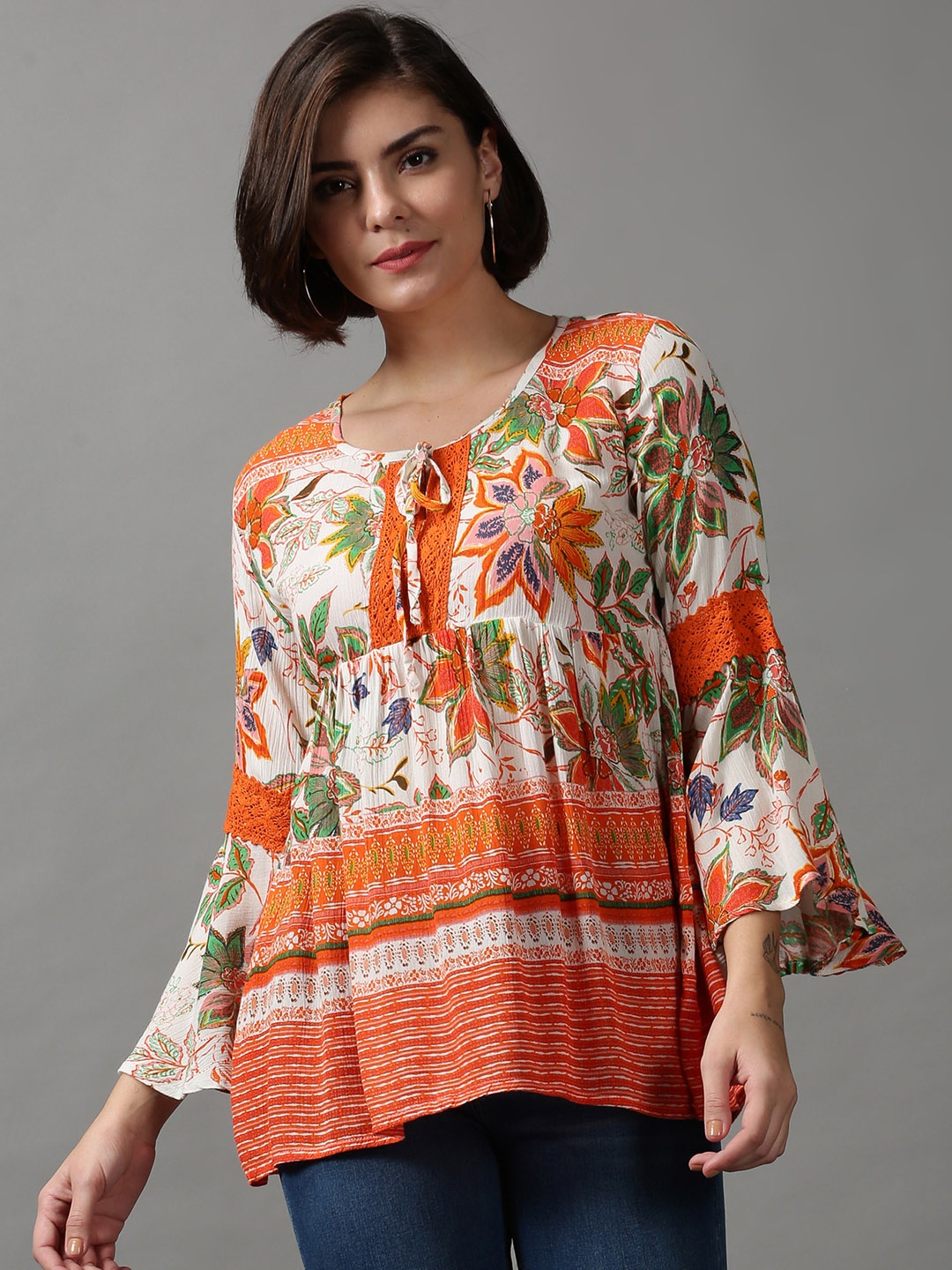 

SHOWOFF Women White Print Tie-Up Neck Crepe Top