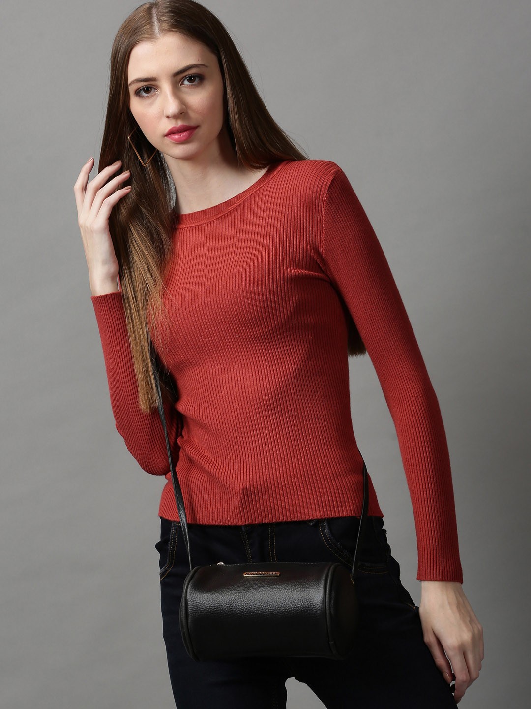 

SHOWOFF Women's Rust Solid Round Neck Regular Top