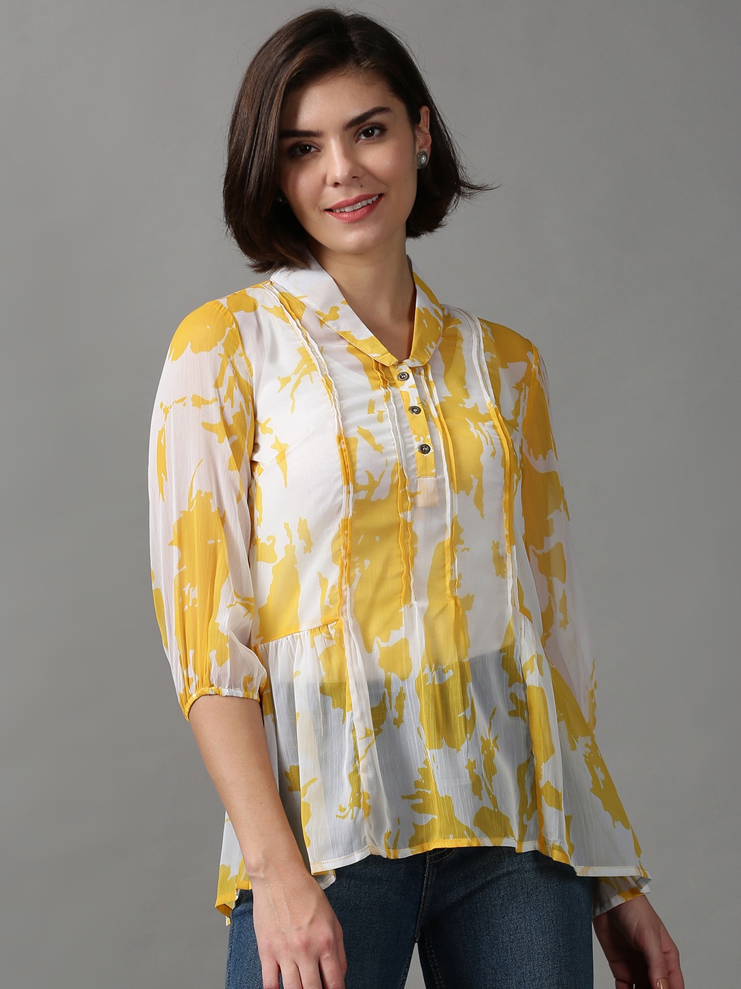 

SHOWOFF Women White Print Mandarin Collar Chiffon Top