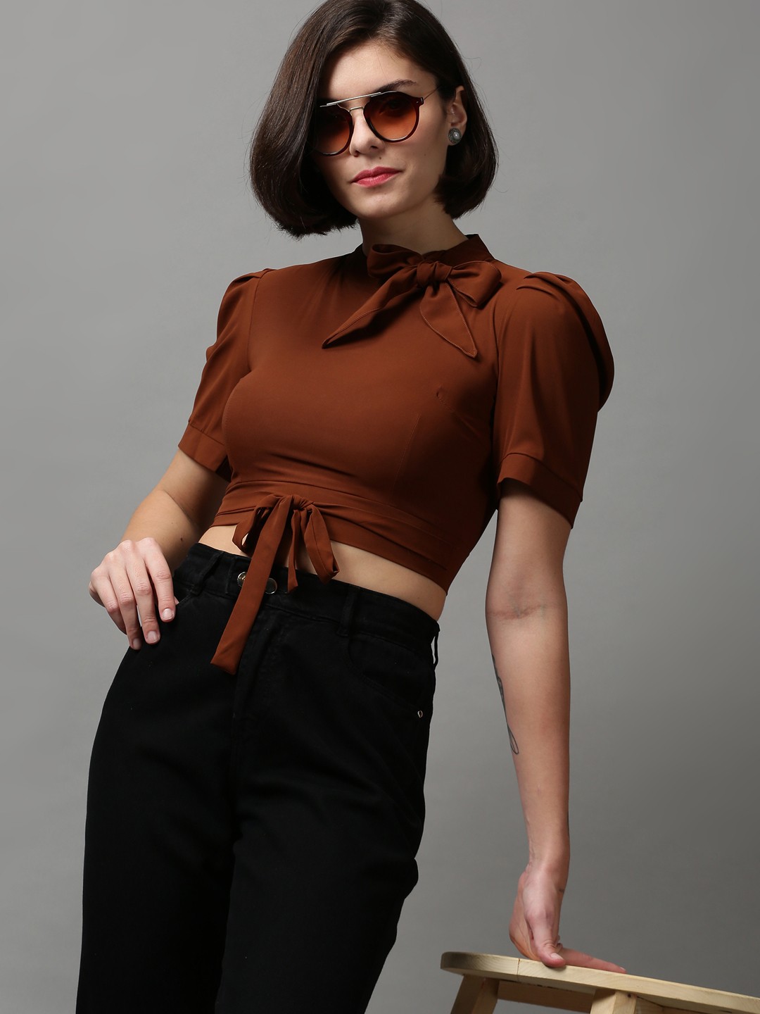 

SHOWOFF Brown Crepe Crop Top