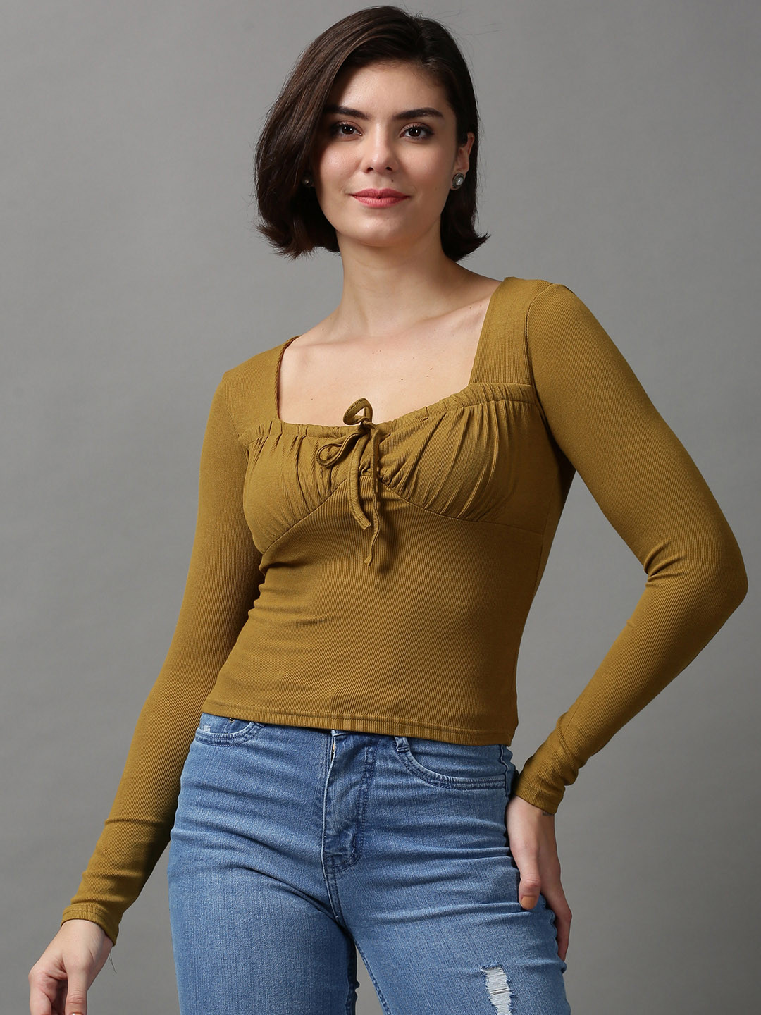 

SHOWOFF Olive Green Tie-Up Neck Crop Top