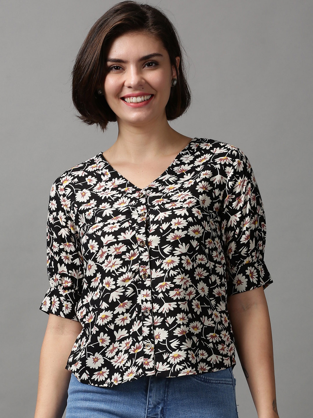 

SHOWOFF Women Black & Cream-Coloured Floral Printed Top