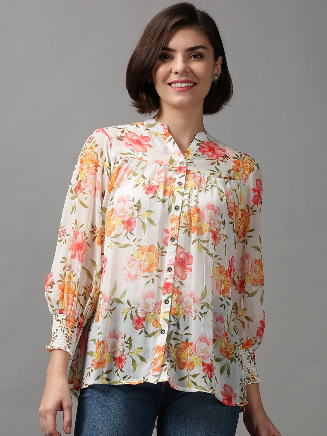 

SHOWOFF Women White & Orange Floral Print Mandarin Collar Chiffon Shirt Style Top