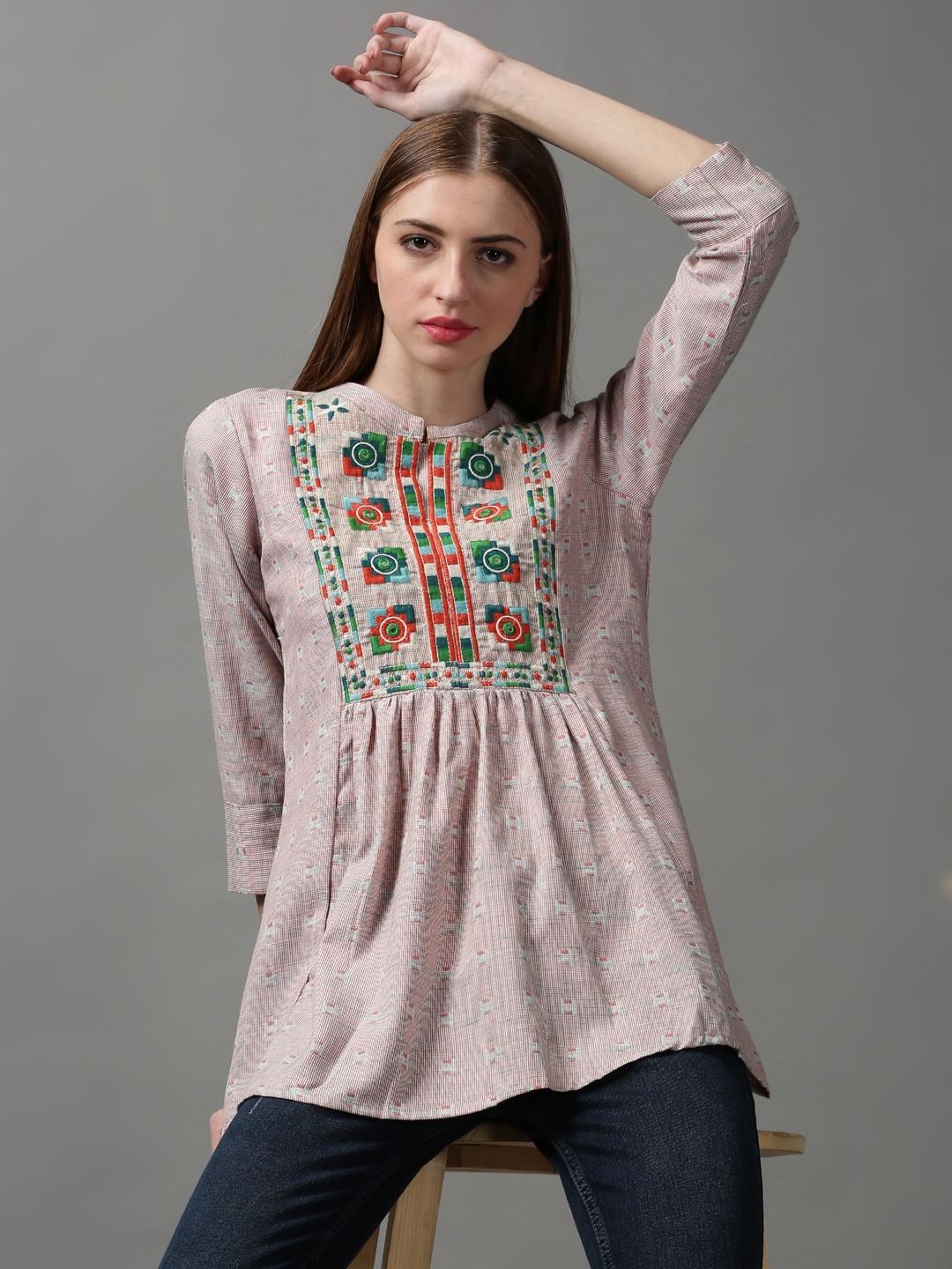 

SHOWOFF Women Peach-Coloured & Green Embroidered Top