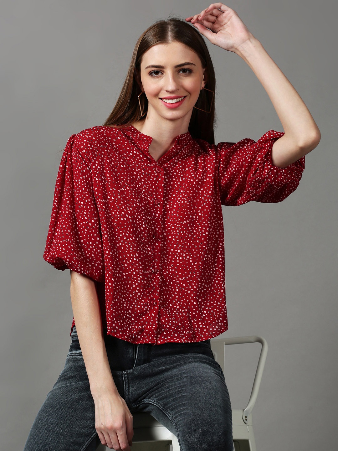 

SHOWOFF Maroon Geometric Print Mandarin Collar Georgette Shirt Style Top