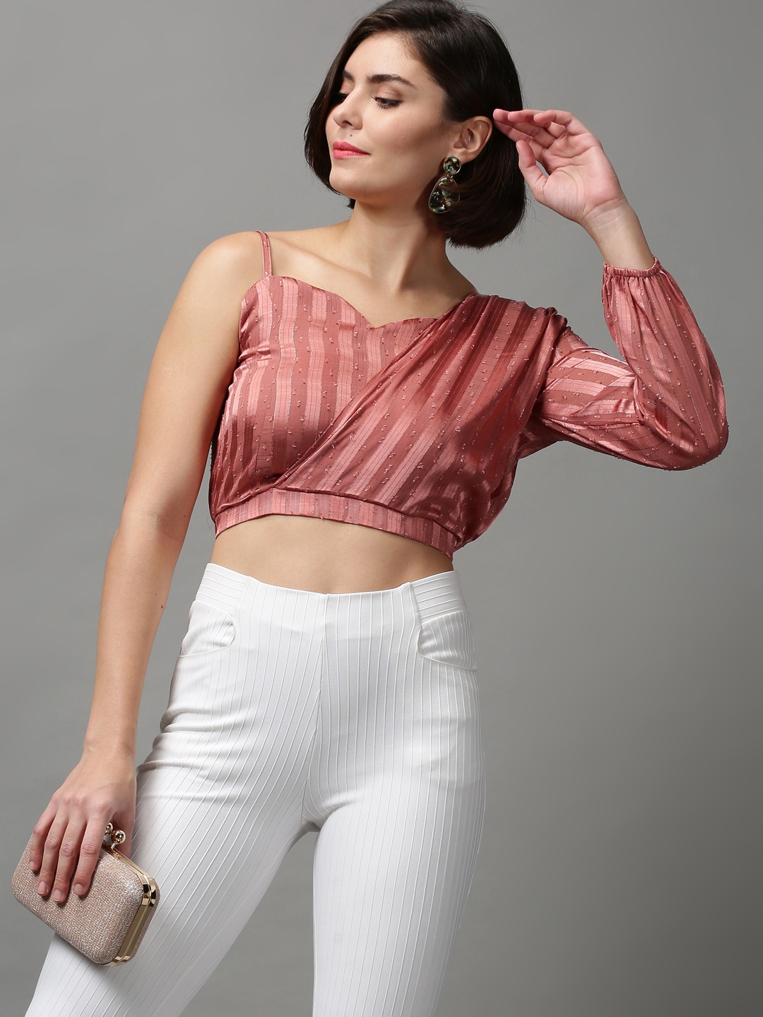 

SHOWOFF Mauve Striped One Shoulder Cinched Waist Crop Top