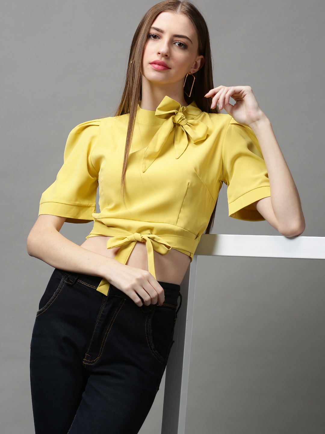 

SHOWOFF Yellow Tie-Up Neck Crepe Crop Top