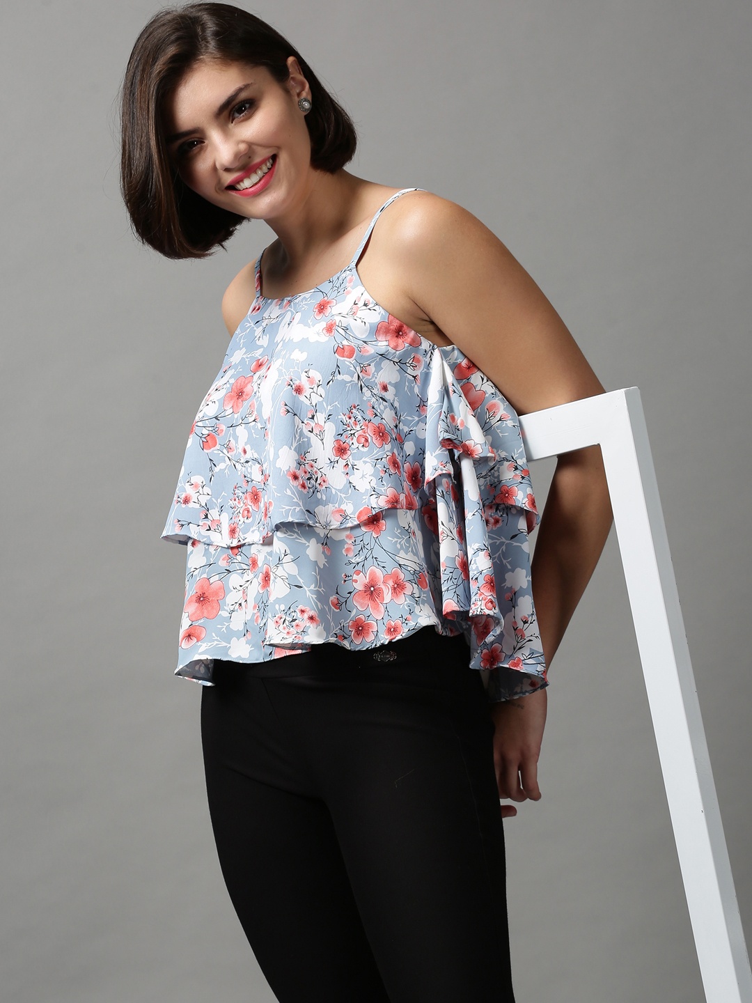 

SHOWOFF Women Blue Floral Print Layered Chiffon Tiered Top