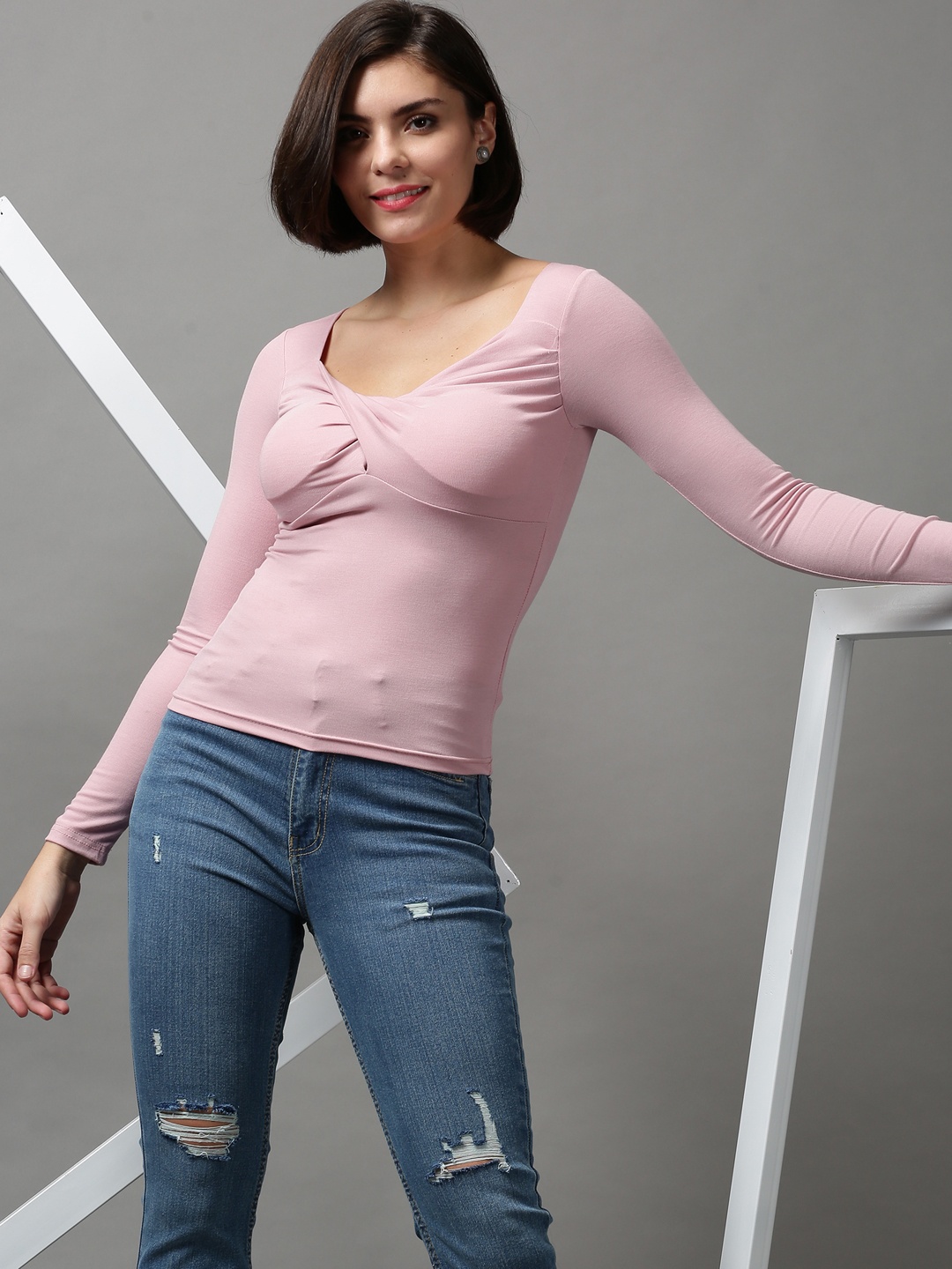 

SHOWOFF Women Pink Solid Sweetheart Neck Top