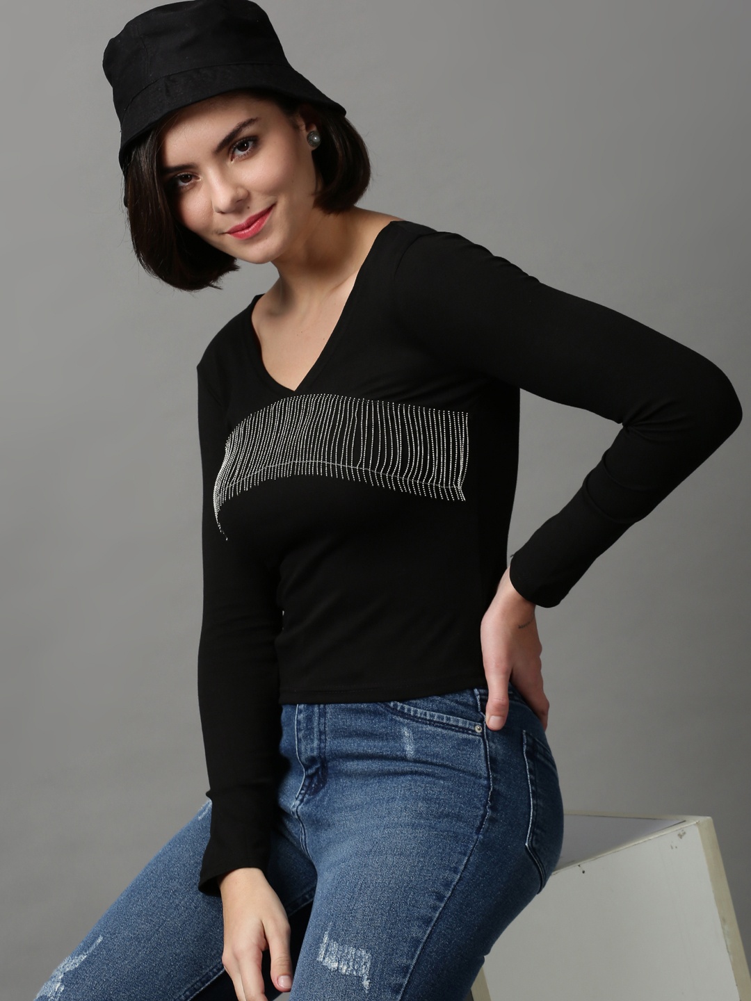 

SHOWOFF Women Black Striped Top