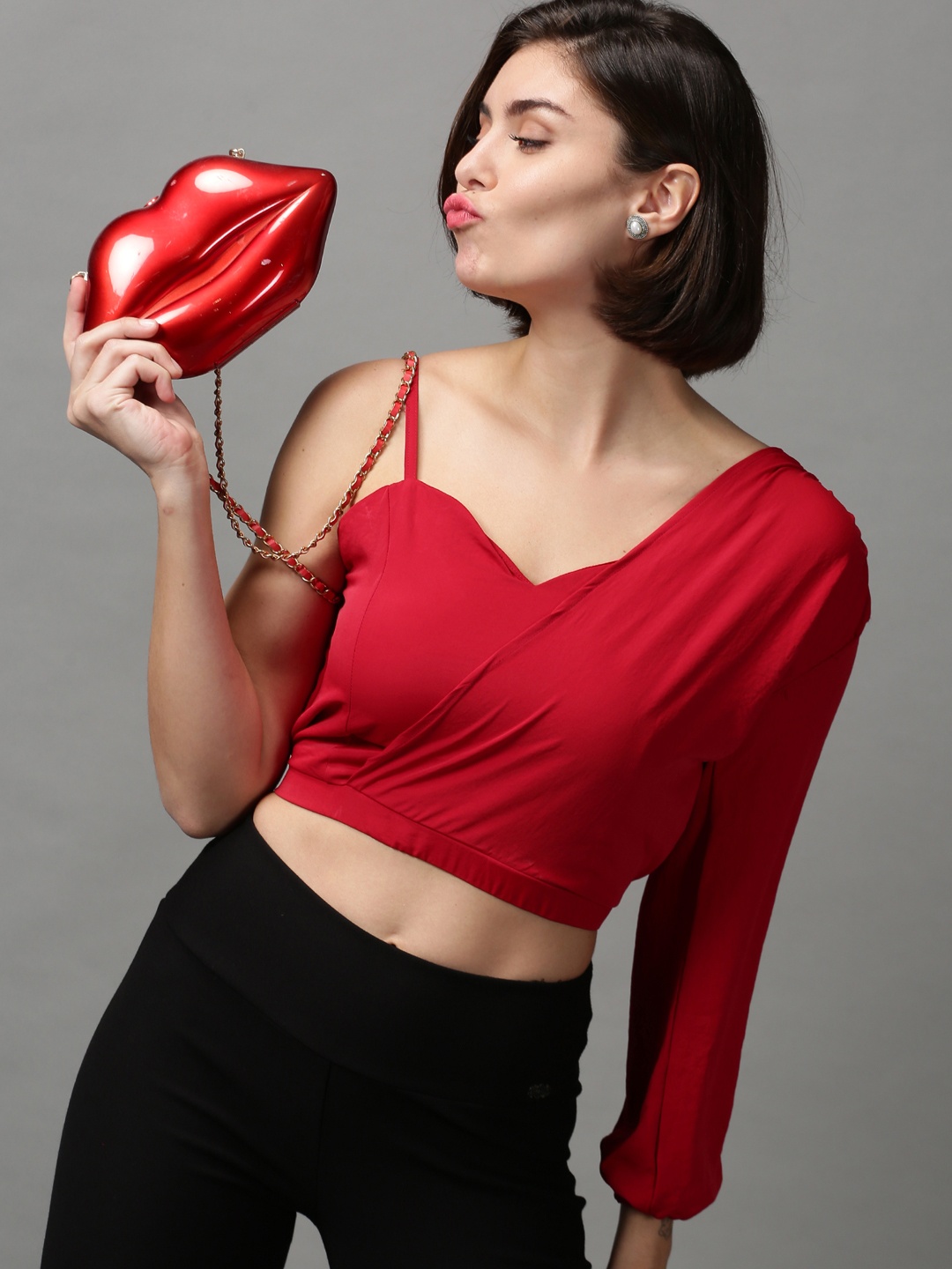 

SHOWOFF Red Layered Crepe Wrap Crop Top