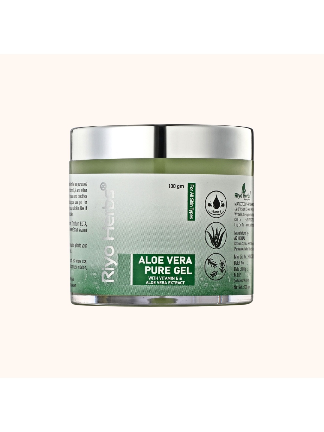 

Riyo Herbs Aloe Vera Pure Gel With Vitamin E For All Skin Types 100gm, Green