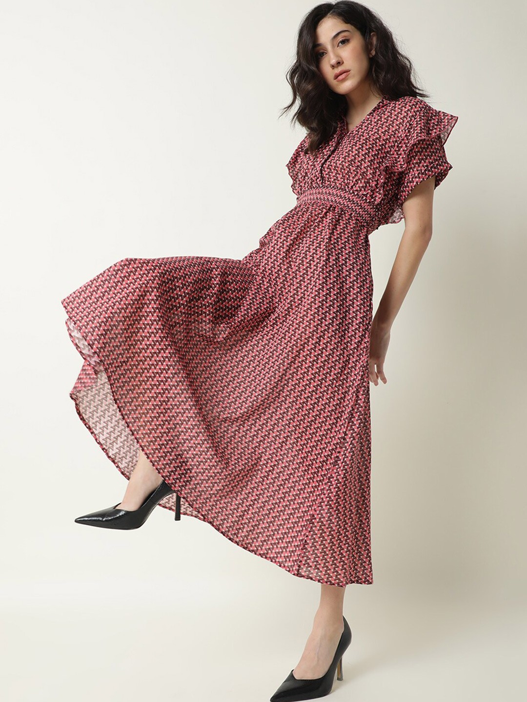 

RAREISM Women Pink & Maroon Printed Cotton A-Line Midi Dress