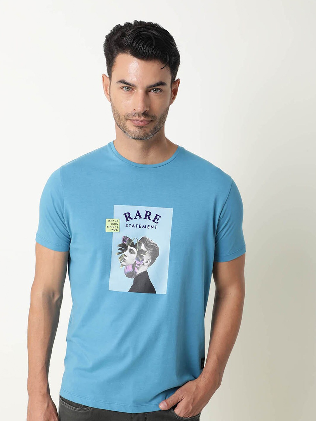 

RARE RABBIT Men Iver Cotton Printed Slim Fit T-Shirt, Blue