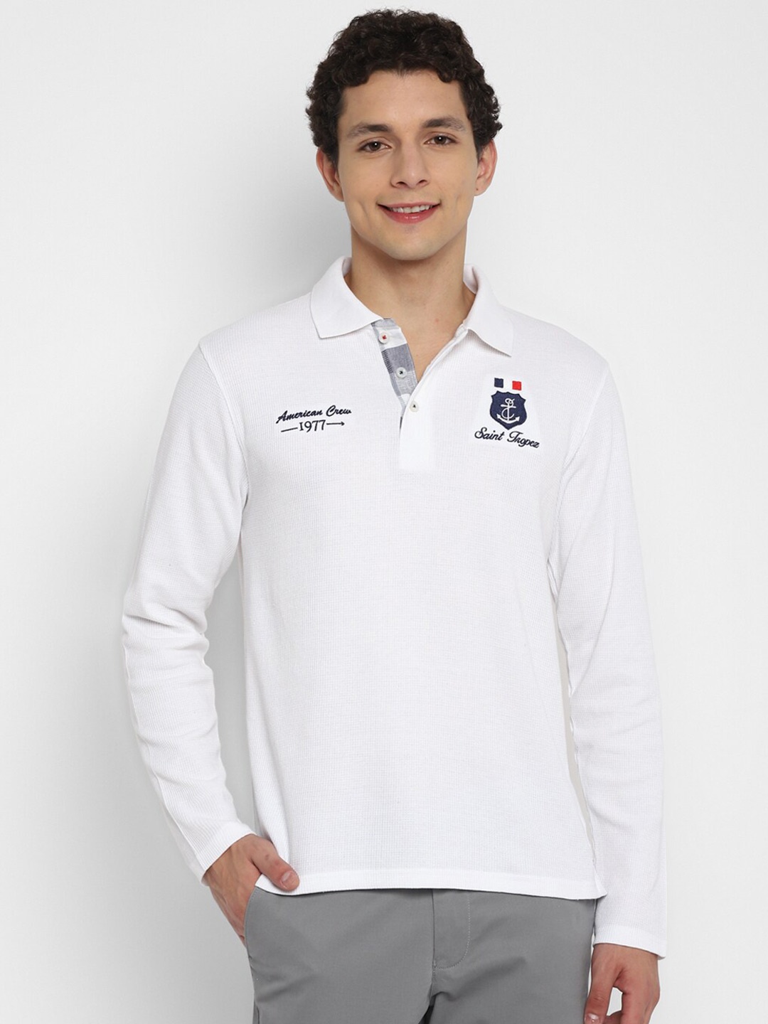 

American Crew Men White Polo Collar T-shirt