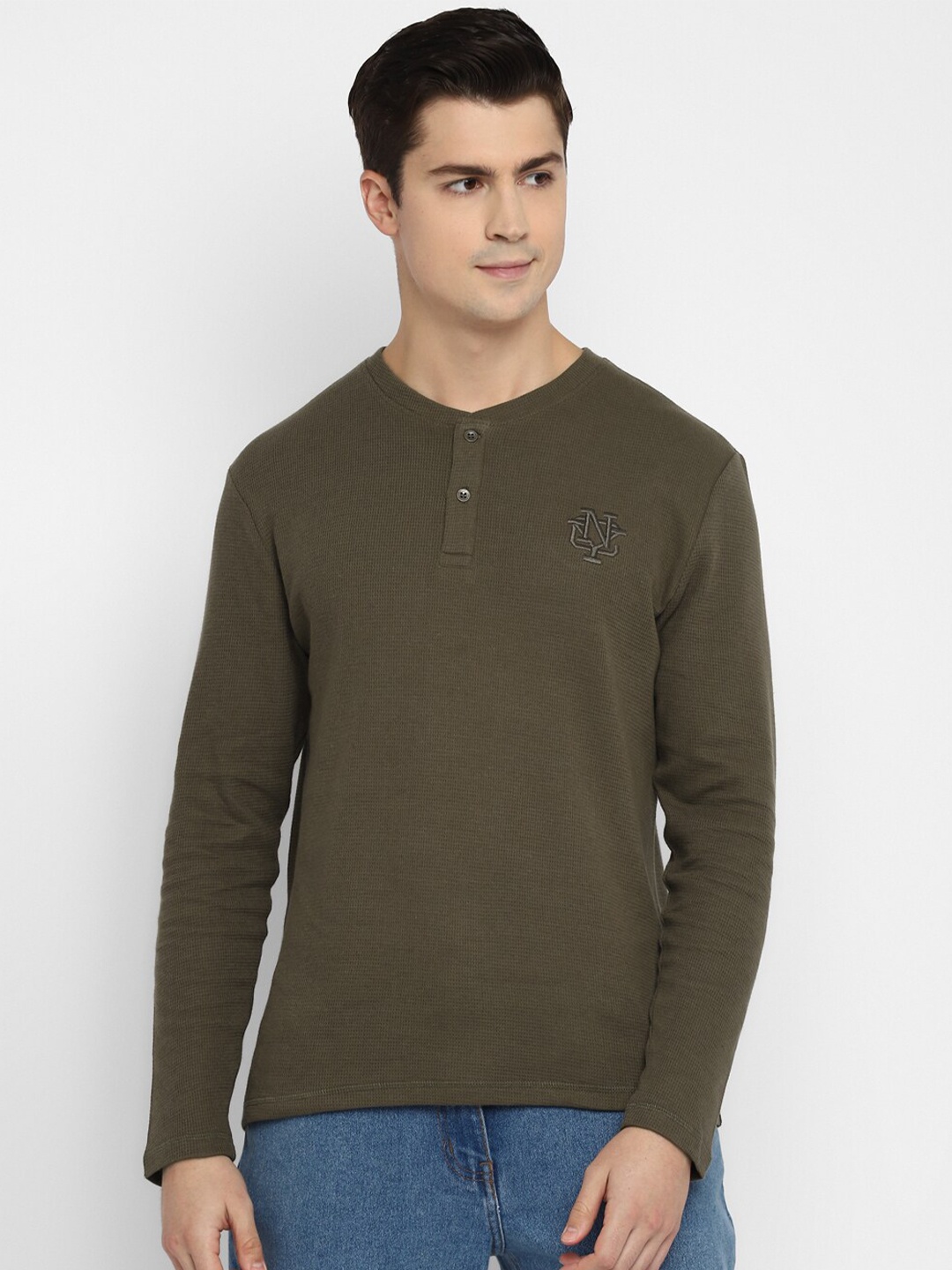 

American Crew Men Olive Green Henley Neck T-shirt