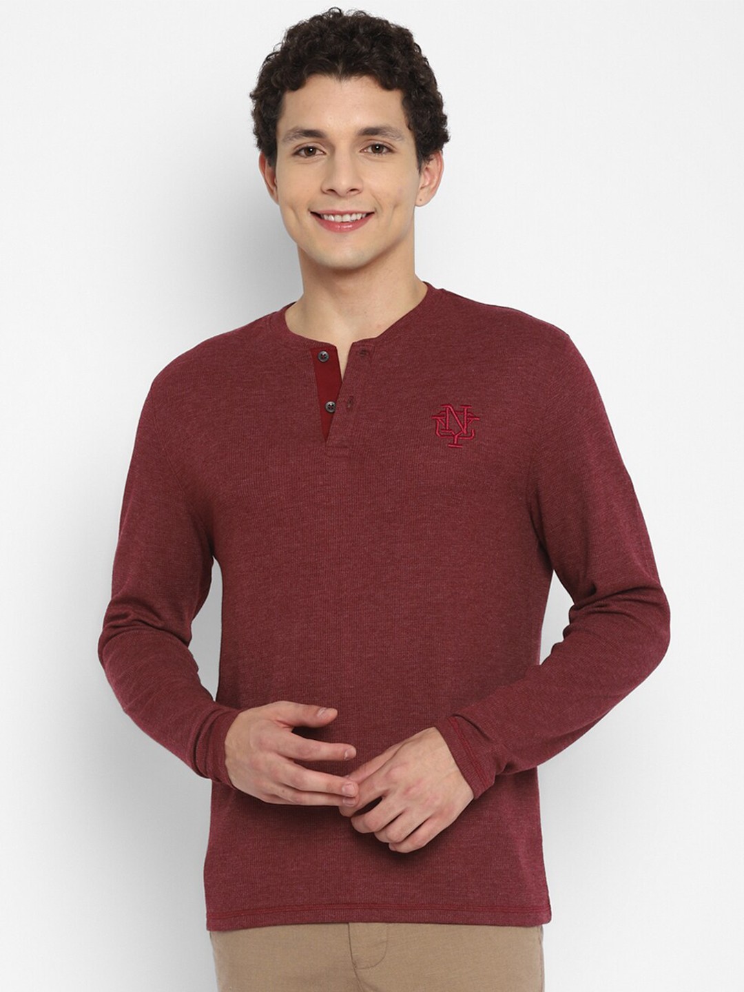 

American Crew Men Burgundy Henley Neck T-shirt