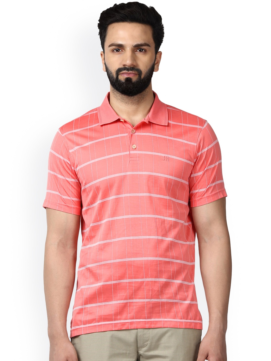 

Raymond Men Coral Pink & Beige Checked Polo Collar T-shirt