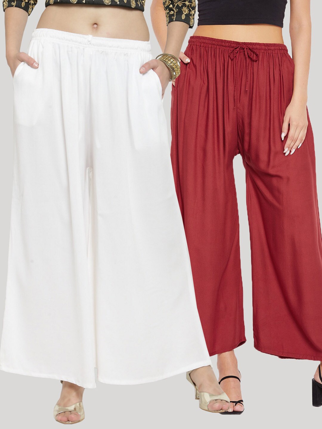 

Clora Creation Women Pack Of 2 White & Red Solid Rayon Ethnic Palazzos