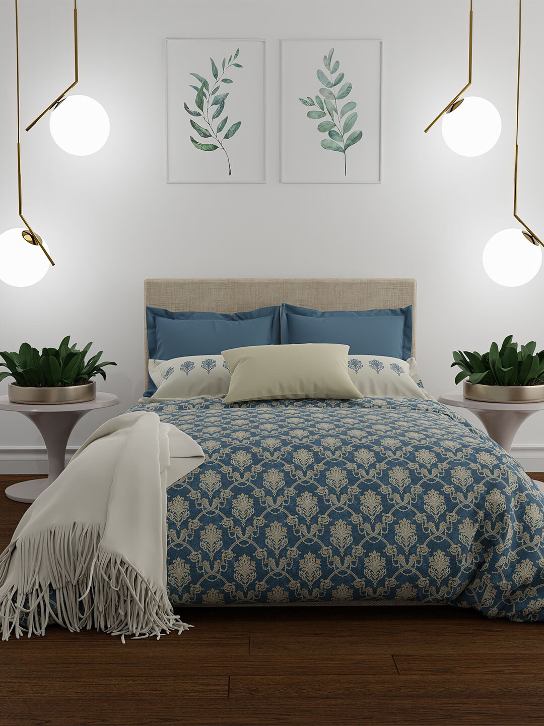 

MYTRIDENT Blue White Ethnic Motifs 144 TC Cotton Queen Bedsheet with 2 Pillow Covers