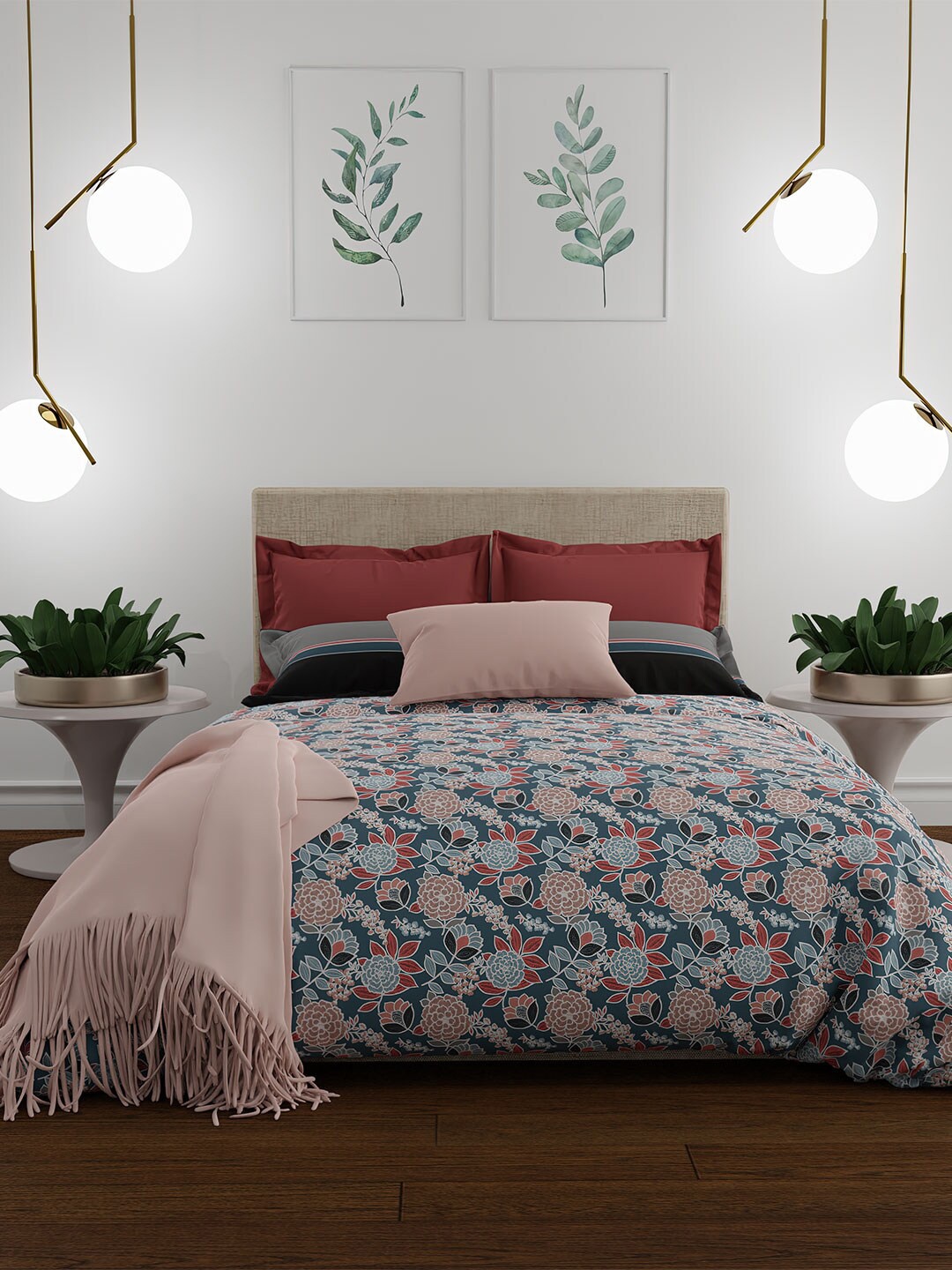 

MYTRIDENT Blue Red Floral 144 TC Queen Bedsheet with 2 Pillow Covers