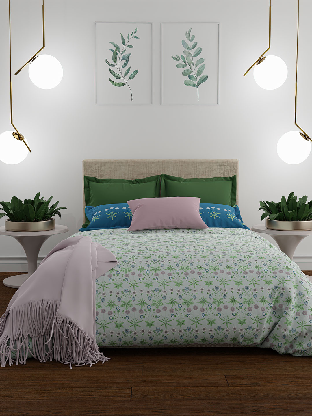 

MYTRIDENT Blue Green Floral 144 TC Queen Cotton Bedsheet with 2 Pillow Covers