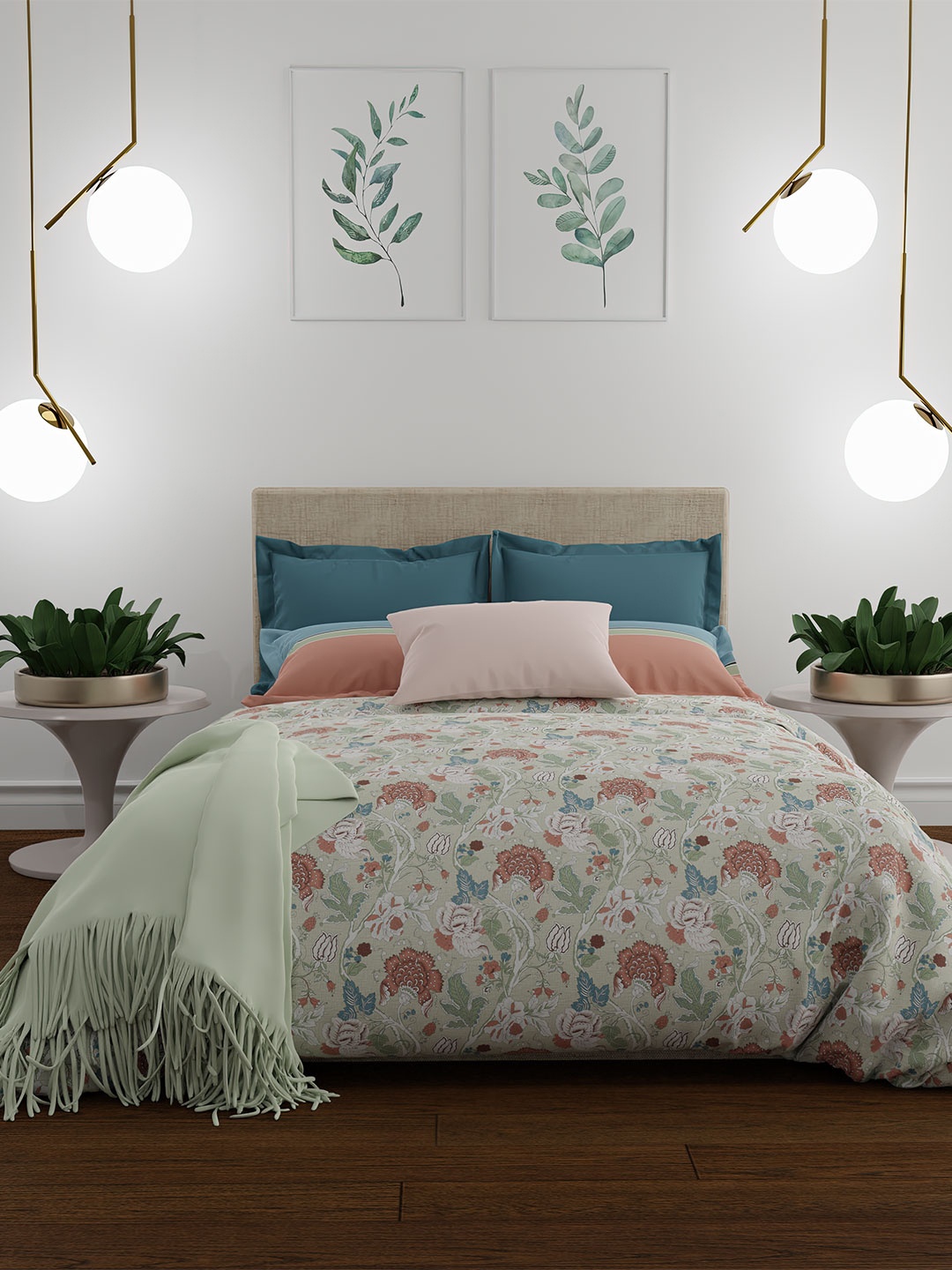 

MYTRIDENT Grey Brown Floral 144 TC Queen Cotton Bedsheet with 2 Pillow Covers
