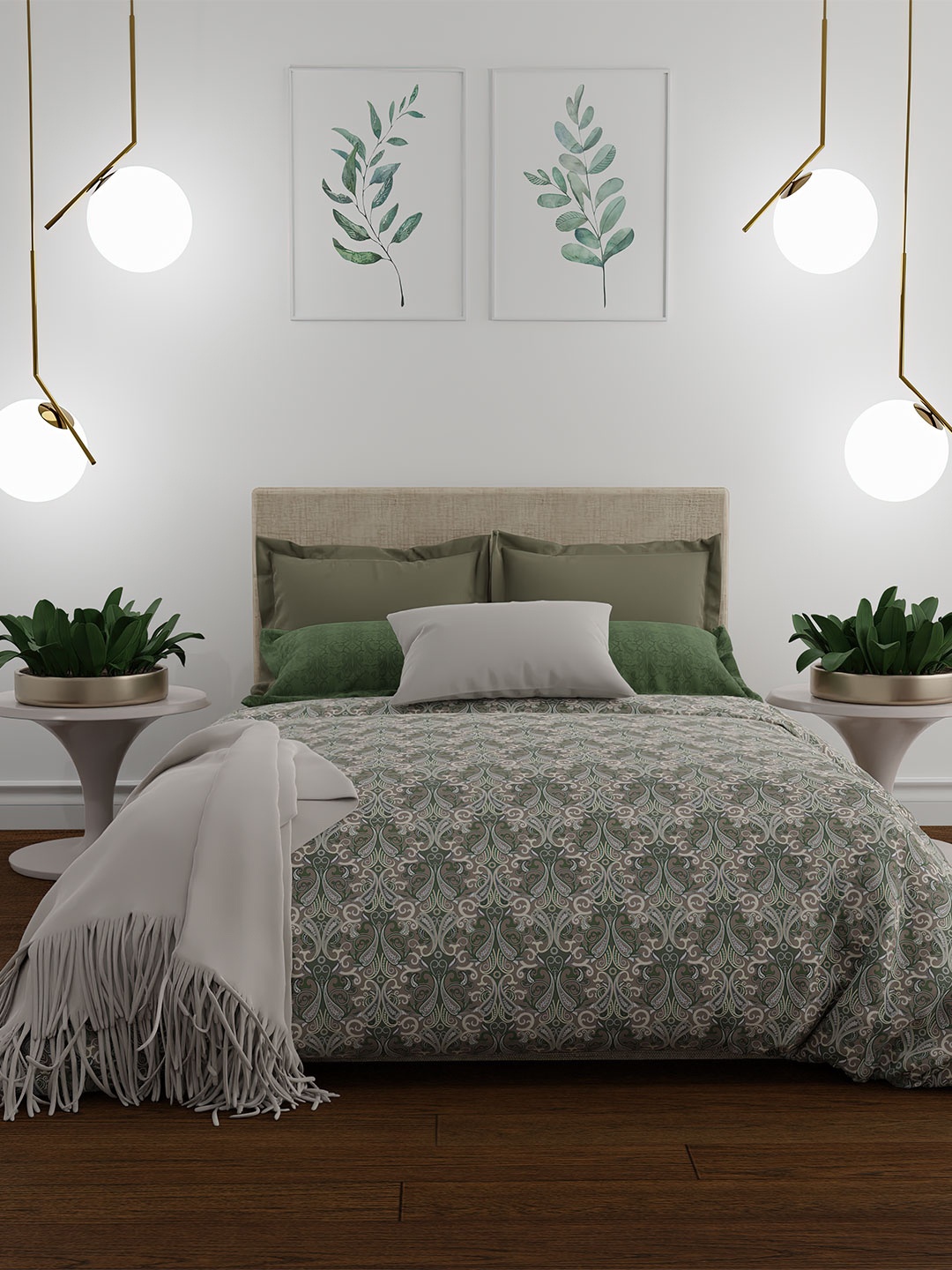 

MYTRIDENT Olive Green White Ethnic Motifs 144 TC Queen Bedsheet with 2 Pillow Covers