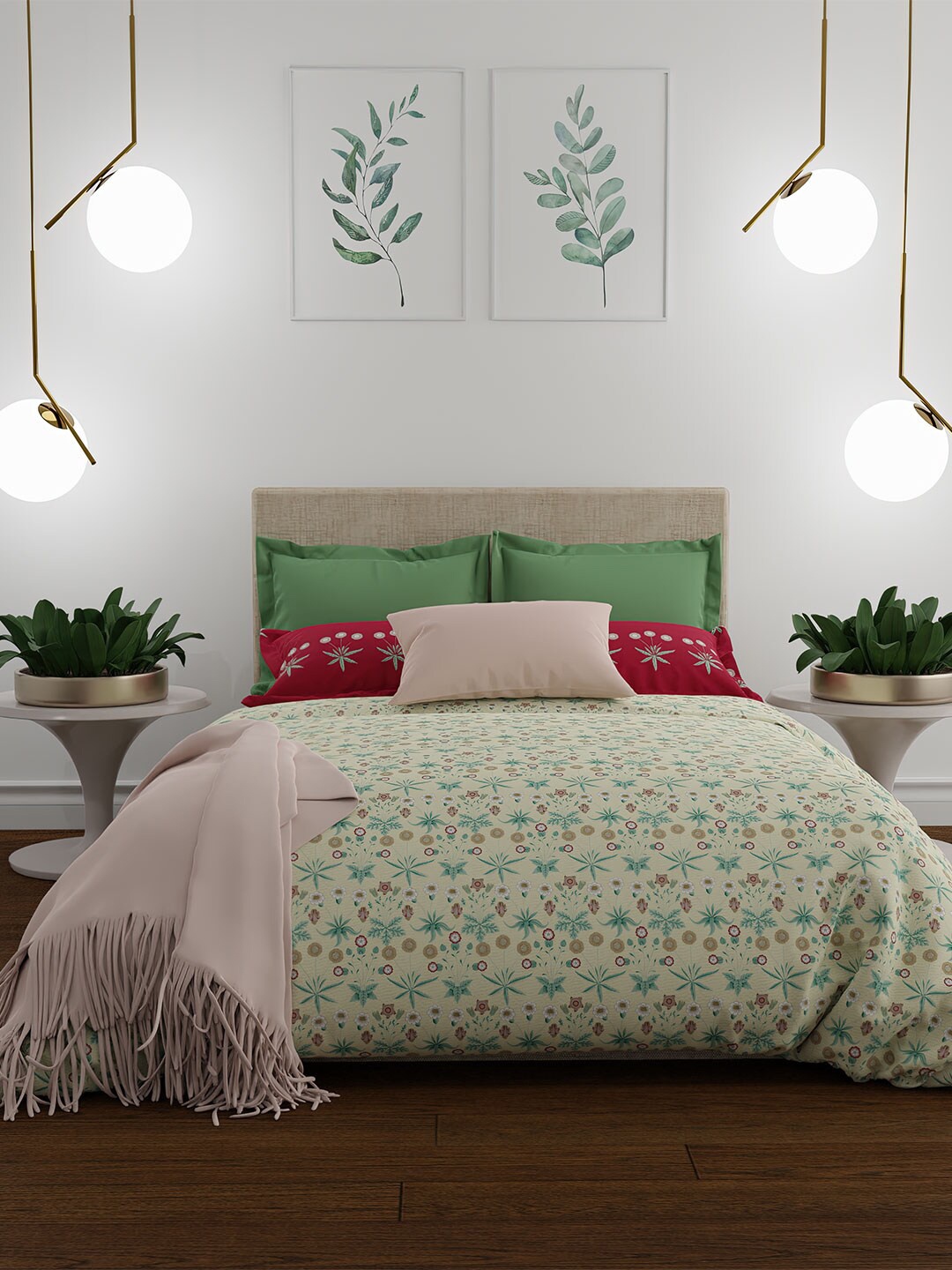 

MYTRIDENT Green Red Floral 144 TC Queen Bedsheet with 2 Pillow Covers