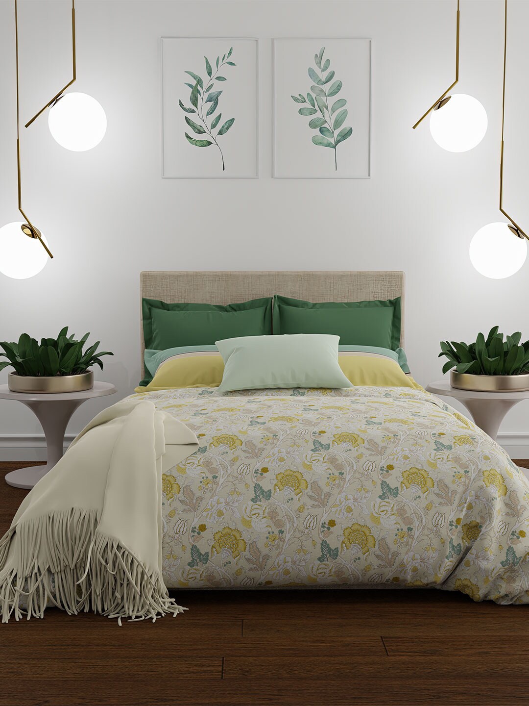 

MYTRIDENT Cream-Coloured Yellow Floral Cotton 144 TC Queen Bedsheet with 2 Pillow Covers